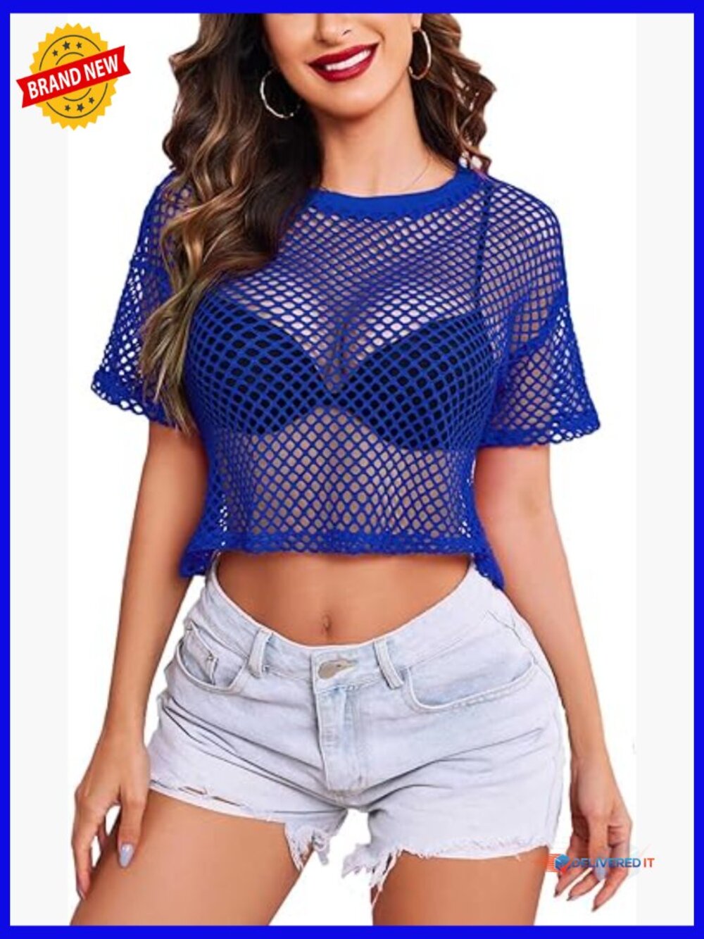 Sheer Fishnet Crop Top Short Sleeve Mesh T-Shirt Sexy See-Through